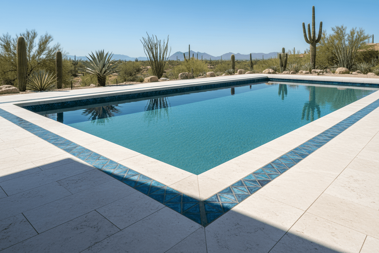 Pool deck with travertine coping and tile accents