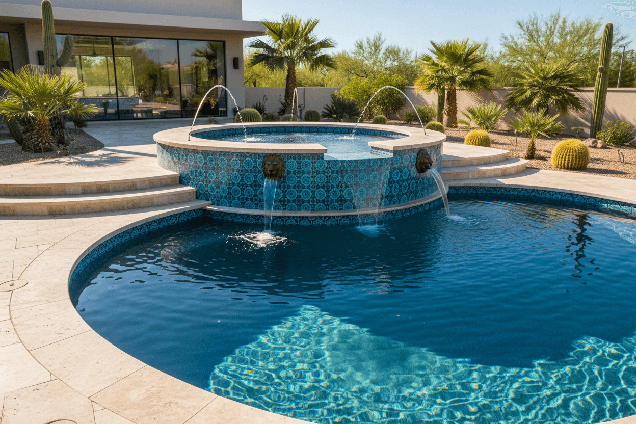 Pool spa with decorative tile surround and water features