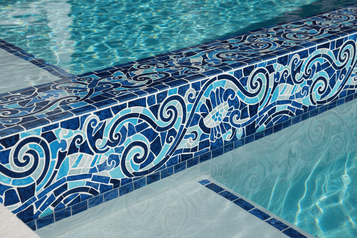 Decorative mosaic tile accent band in swimming pool