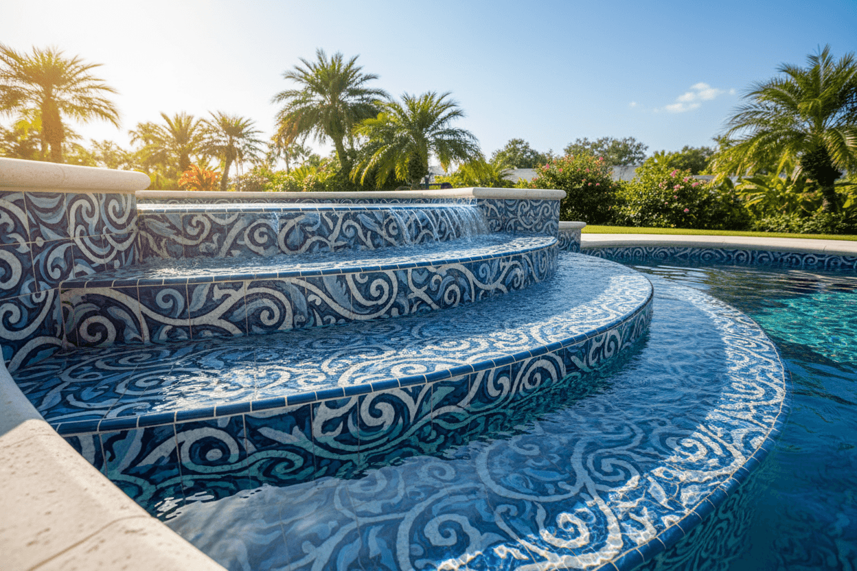 Pool steps with professional blue and white tile installation