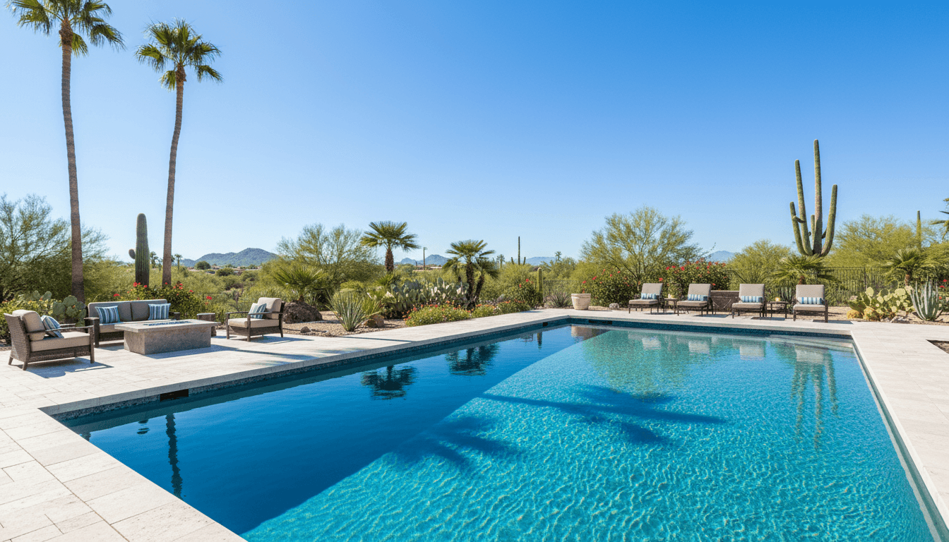Sparkling clean swimming pool in Arizona backyard with desert landscaping